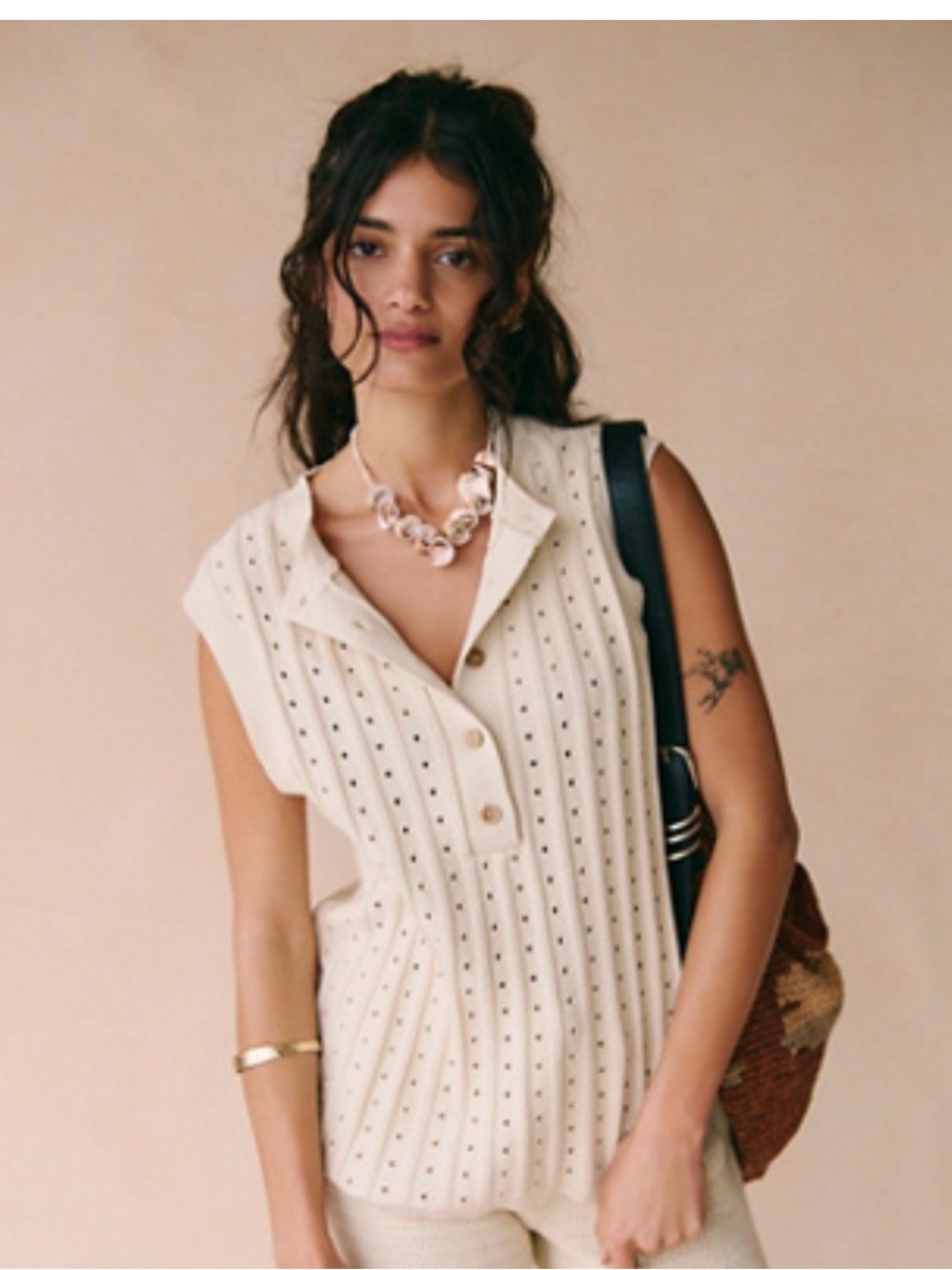 Sleeveless Ivory Eyelet Polo Tank Top
